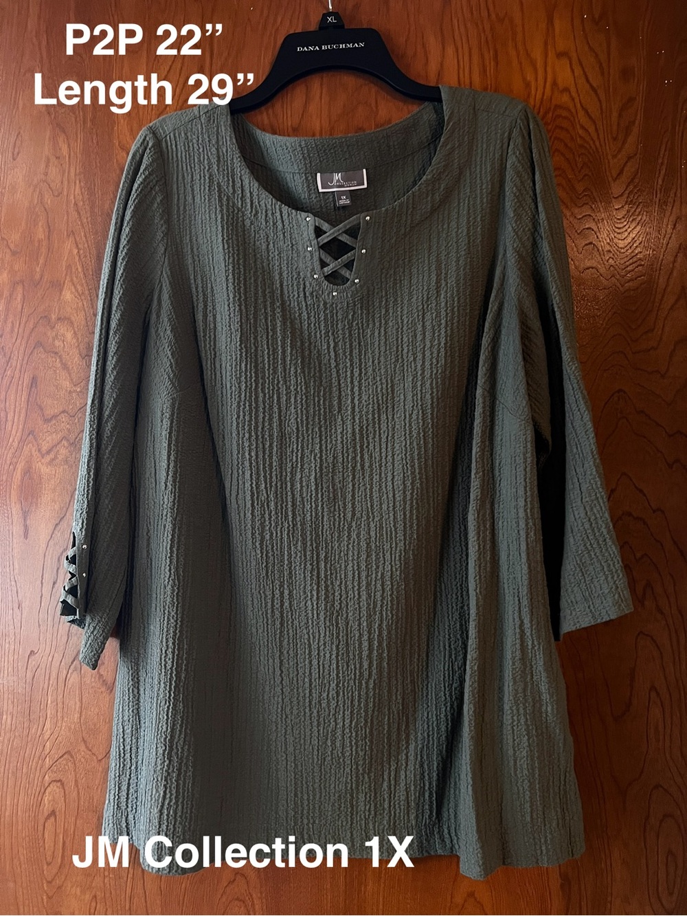 JM Collection Plus-Size Olive Green Crinkle Knit Top with Lace-Up Detail 1X